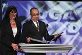 Anjelica Huston presents the Movies for Television Award to George C. Wolfe and accepts on behalf of Joseph Sargent.