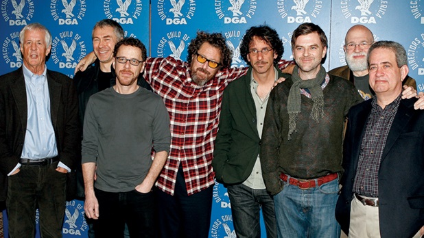 DGA President Michael Apted; 2007 Feature Film Nominees Tony Gilroy, Ethan Coen, Julian Schnabel, Joel Coen, and Paul Thomas Anderson; Meet the Nominees: Feature Film Symposium moderator Jeremy Kagan; and DGA National Executive Director Jay D. Roth