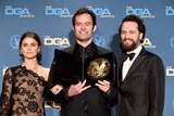 Hader in the press room with presenters Keri Russell and Matthew Rhys